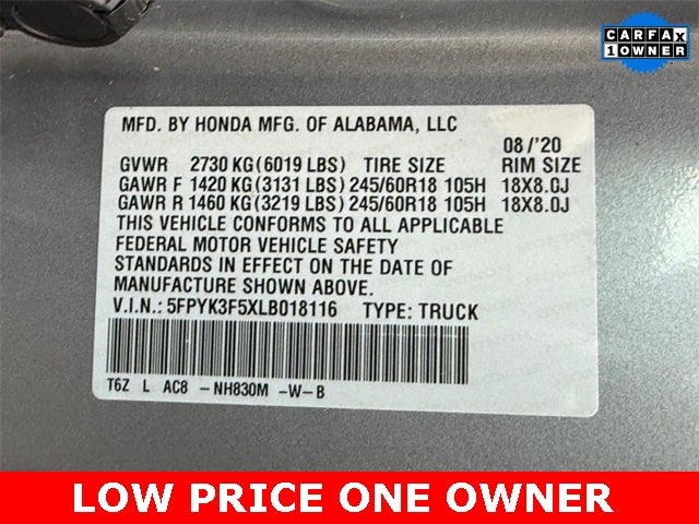 2020 Honda Ridgeline RTL *ONE OWNER*